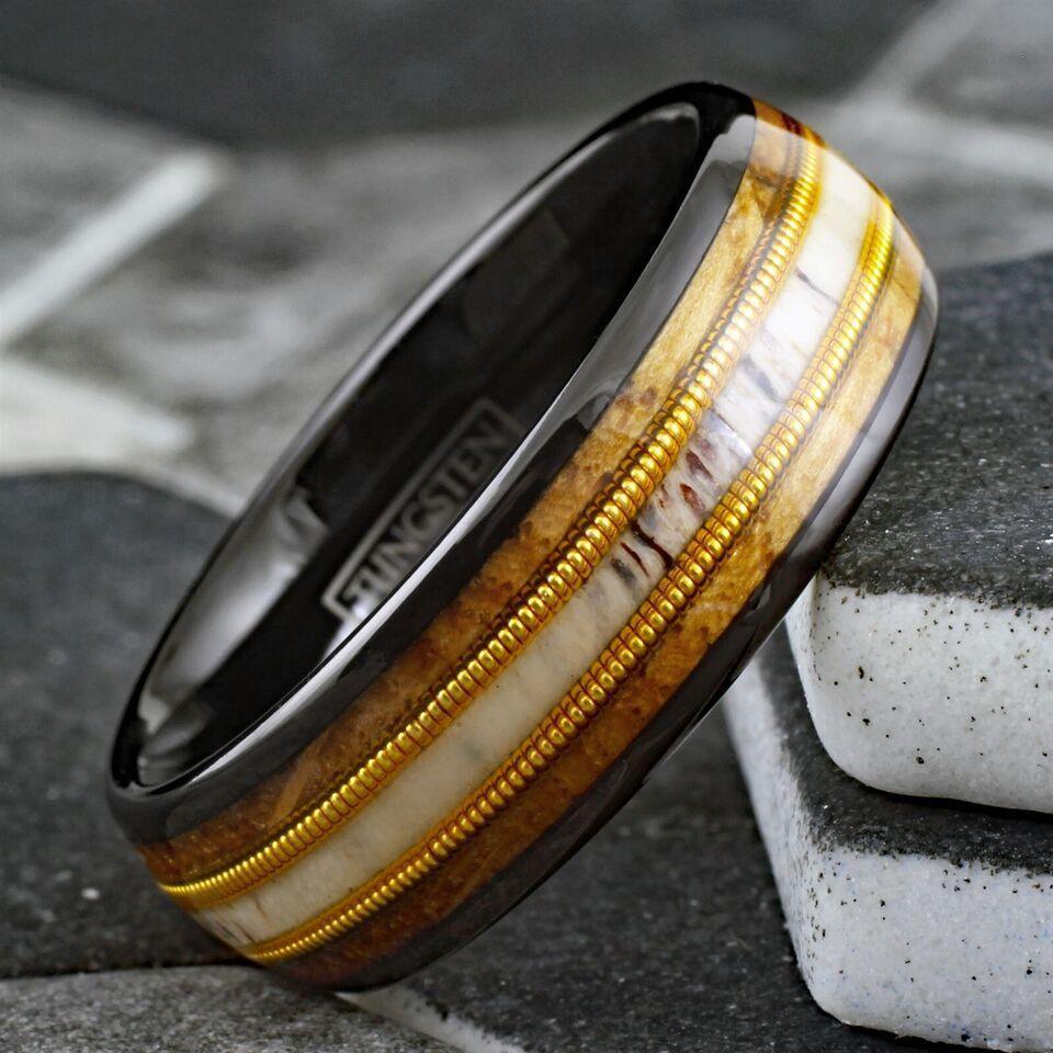 Men's Wedding Band Rings - Black Deer Antler Whiskey Barrel Guitar String - Wedding Rings for Men and Women - Jewelry Store by Erik Rayo