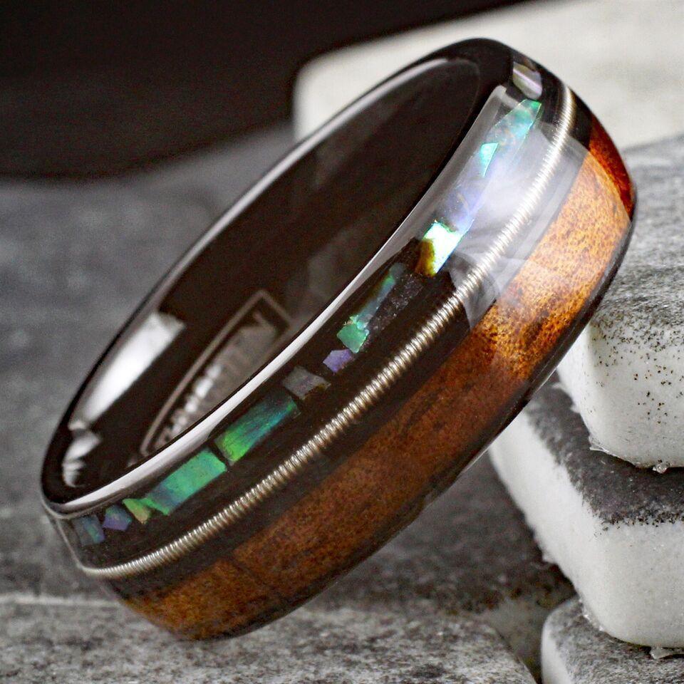 Men's Wedding Band Ring - Black Koa Wood Abalone Guitar String - Wedding Rings for Men and Women - Jewelry Store by Erik Rayo