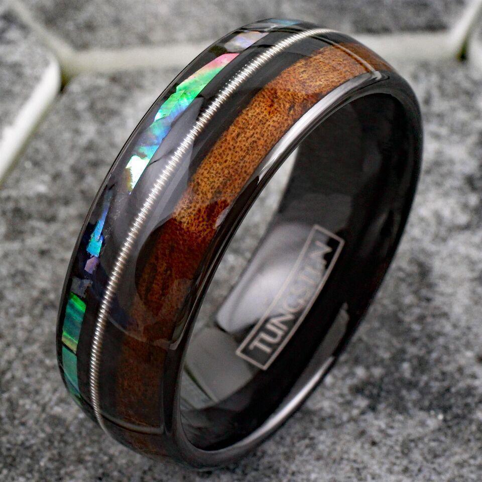 Men's Wedding Band Ring - Black Koa Wood Abalone Guitar String - Wedding Rings for Men and Women - Jewelry Store by Erik Rayo