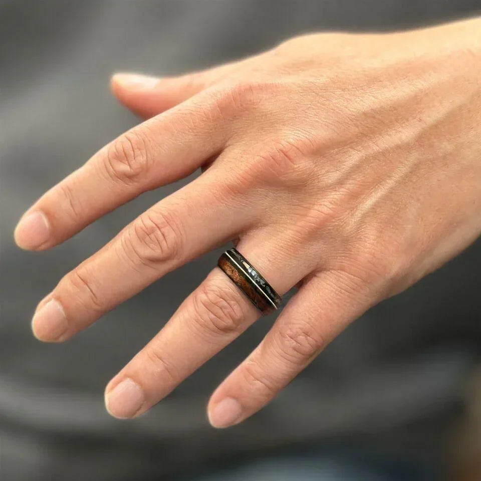 Men's Wedding Band Ring - Black Koa Wood Abalone Guitar String - Wedding Rings for Men and Women - Jewelry Store by Erik Rayo