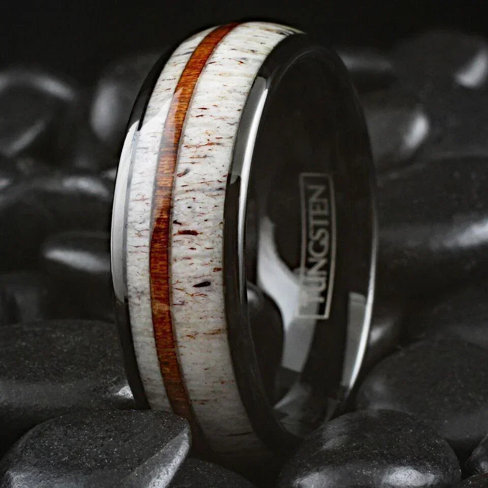 Men's Wedding Band Ring - Black Deer Antler & Sandalwood Stripe - Wedding Rings for Men & Women - Jewelry Store by Erik Rayo