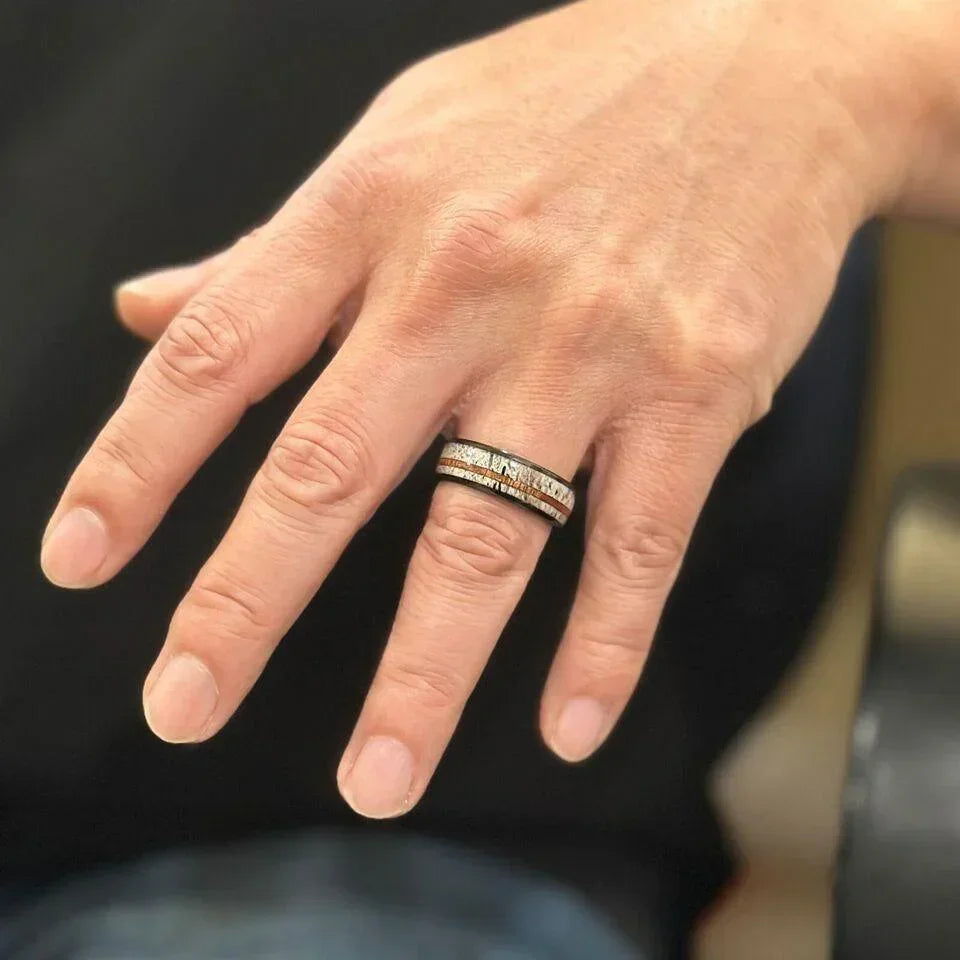Men's Wedding Band Ring - Black Deer Antler & Sandalwood Stripe - Wedding Rings for Men & Women - Jewelry Store by Erik Rayo