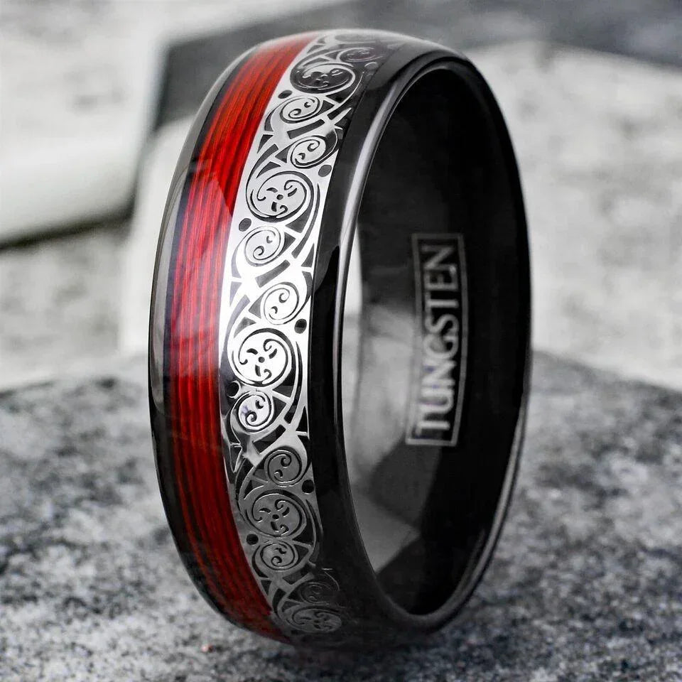 Men's Black Wedding Band with Clockwork Gears and Red Wire - Unique Rings for Men and Women - Jewelry Store by Erik Rayo