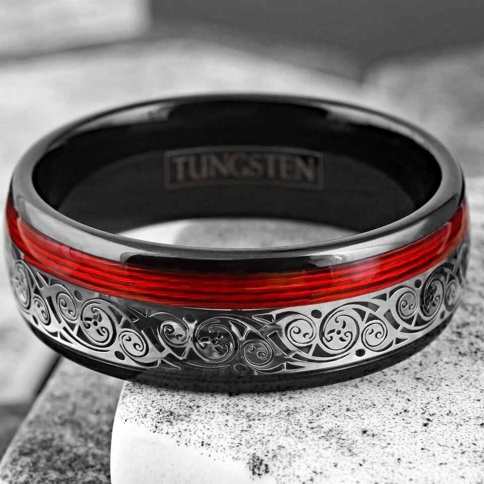 Men's Black Wedding Band with Clockwork Gears and Red Wire - Unique Rings for Men and Women - Jewelry Store by Erik Rayo