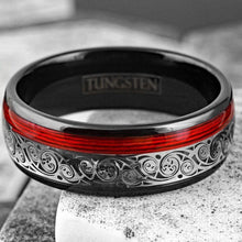 Load image into Gallery viewer, Men&#39;s Black Wedding Band with Clockwork Gears and Red Wire - Unique Rings for Men and Women
