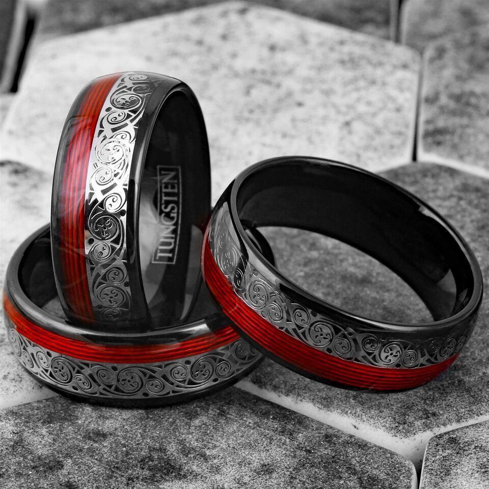 Men's Black Wedding Band with Clockwork Gears and Red Wire - Unique Rings for Men and Women - Jewelry Store by Erik Rayo