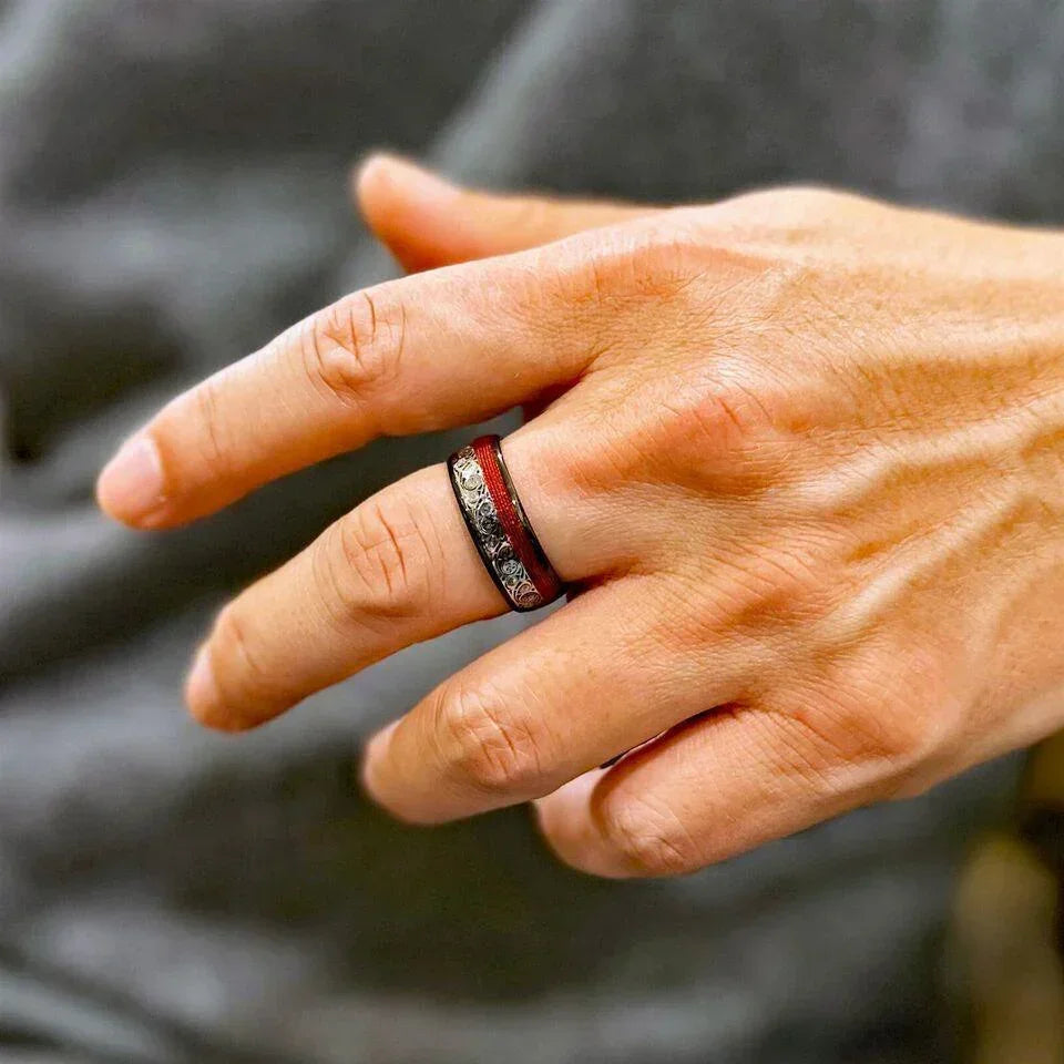 Men's Black Wedding Band with Clockwork Gears and Red Wire - Unique Rings for Men and Women - Jewelry Store by Erik Rayo
