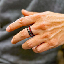 Load image into Gallery viewer, Men&#39;s Black Wedding Band with Clockwork Gears and Red Wire - Unique Rings for Men and Women
