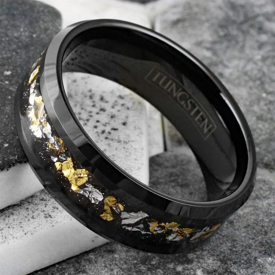 Mens Wedding Band Rings for Men and Women Black 24K Gold and White Gold Foil - Jewelry Store by Erik Rayo