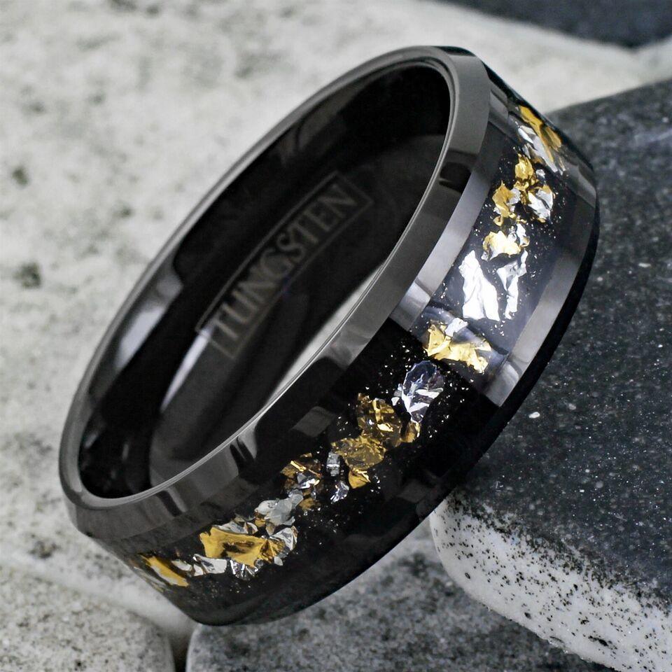 Mens Wedding Band Rings for Men and Women Black 24K Gold and White Gold Foil - Jewelry Store by Erik Rayo