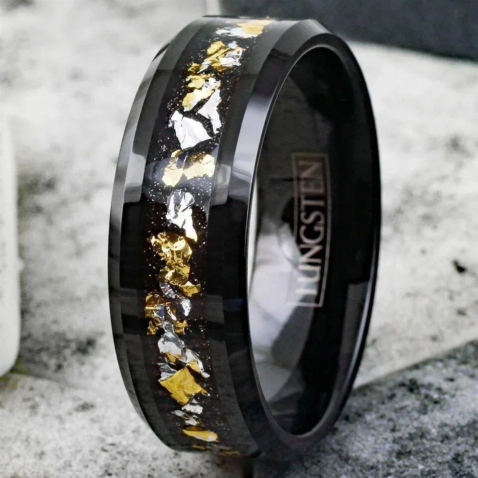 Mens Wedding Band Rings for Men and Women Black 24K Gold and White Gold Foil - Jewelry Store by Erik Rayo