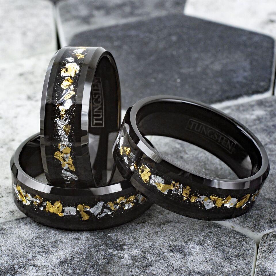 Mens Wedding Band Rings for Men and Women Black 24K Gold and White Gold Foil - Jewelry Store by Erik Rayo