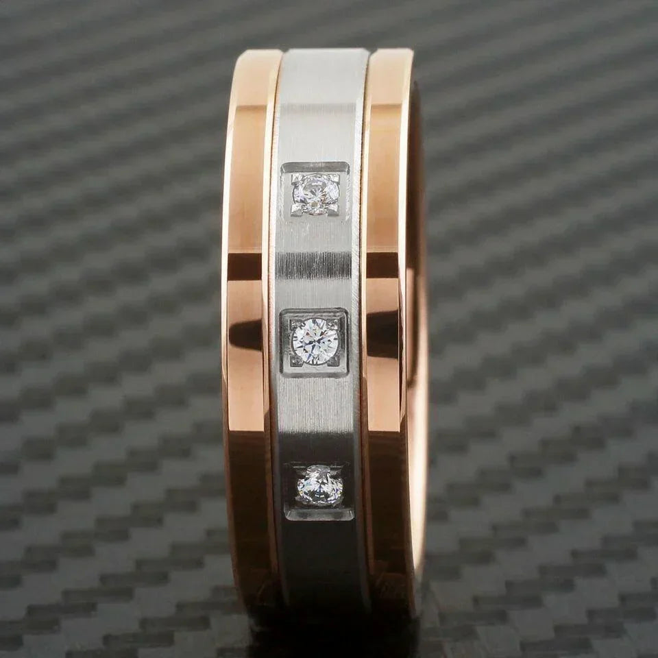 Men's Wedding Band Ring - Rose Gold & Silver with Center Stripe, 0.15 Carat CZ - Perfect for Weddings & Anniversaries - Jewelry Store by Erik Rayo