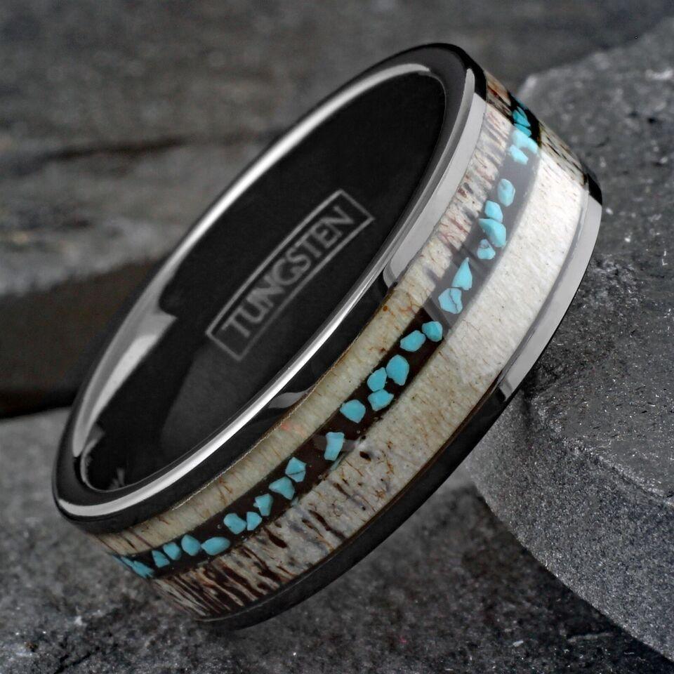 Men's Black Tungsten Carbide Wedding Band with Deer Antler and Turquoise Inlay - Men's Wedding Ring - Women's Wedding Ring - Jewelry Store by Erik Rayo