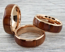 Load image into Gallery viewer, Men&#39;s Wedding Band Rings - Rose Gold &amp; Brown Wood - Wedding Rings for Men &amp; Women
