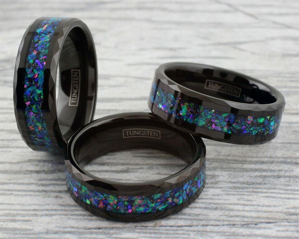 Men's Wedding Band Ring - Black Opal Stripe Celestial Galaxy Multi-Faceted Edge - Wedding Rings for Men and Women - Jewelry Store by Erik Rayo