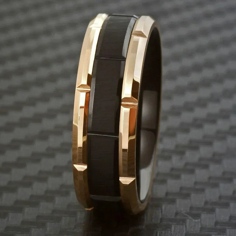 Men's Wedding Band - Black Brushed with Rose Gold Plated Edge - Grooved Design - Rings for Men and Women - Jewelry Store by Erik Rayo