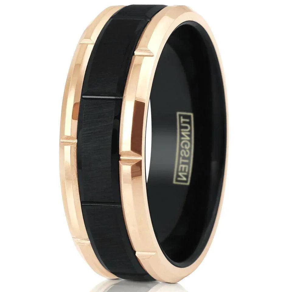 Men's Wedding Band - Black Brushed with Rose Gold Plated Edge - Grooved Design - Rings for Men and Women - Jewelry Store by Erik Rayo
