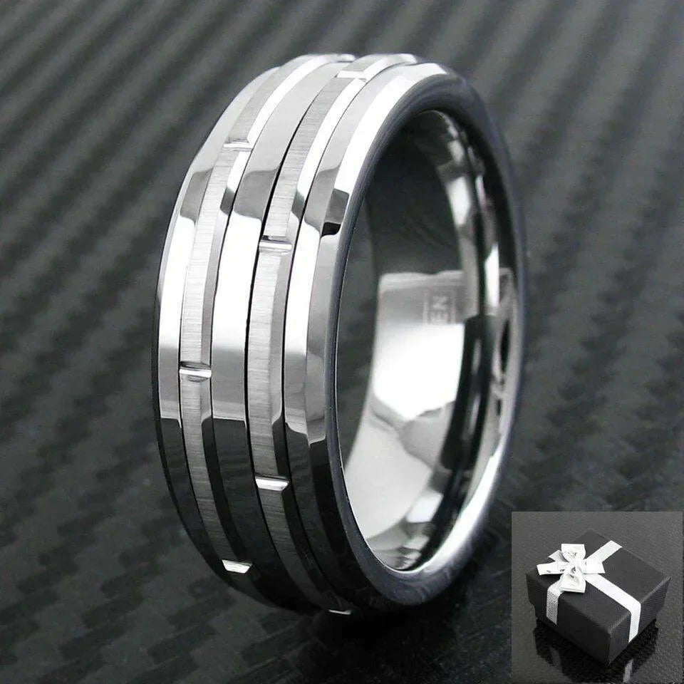 Men's Wedding Band Rings - Silver Grooved Brushed Stripes - Wedding Rings for Men and Women - Jewelry Store by Erik Rayo