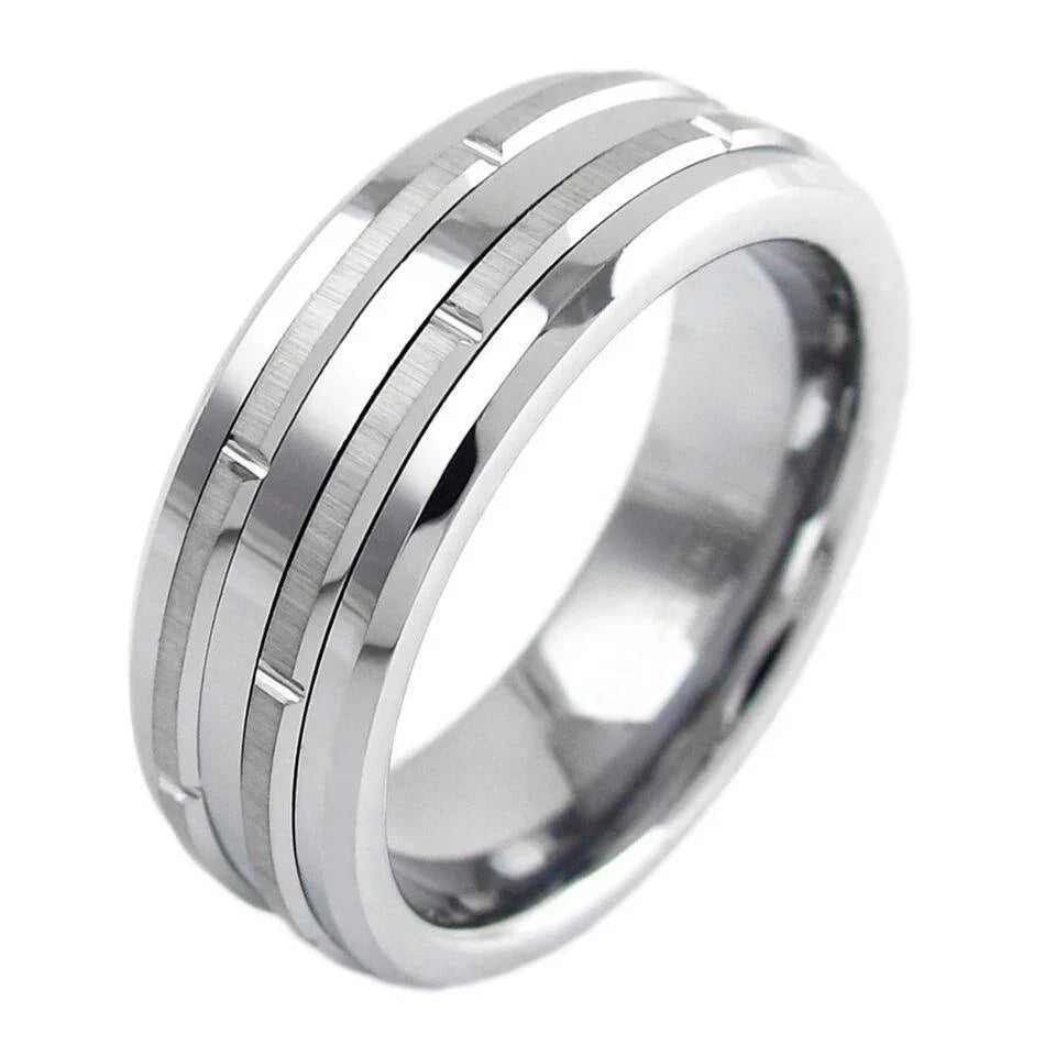 Men's Wedding Band Rings - Silver Grooved Brushed Stripes - Wedding Rings for Men and Women - Jewelry Store by Erik Rayo