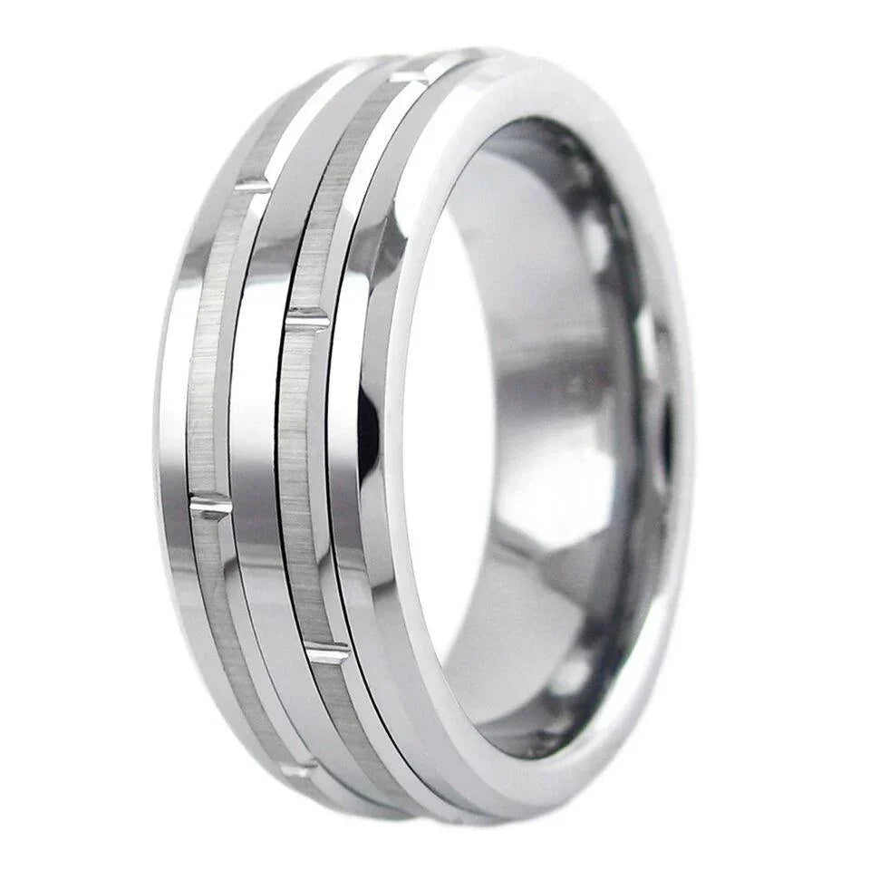Men's Wedding Band Rings - Silver Grooved Brushed Stripes - Wedding Rings for Men and Women - Jewelry Store by Erik Rayo