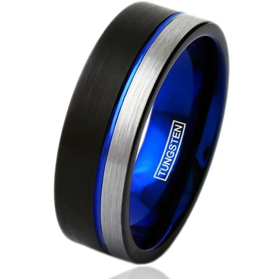 6mm Tungsten Carbide Wedding Band for Men & Women – Black & Silver with Blue Stripe Design - Jewelry Store by Erik Rayo