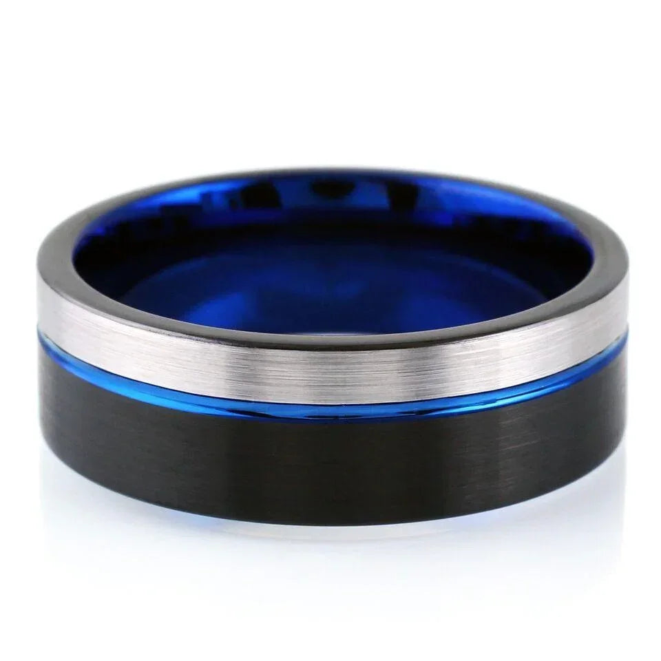 6mm Tungsten Carbide Wedding Band for Men & Women – Black & Silver with Blue Stripe Design - Jewelry Store by Erik Rayo