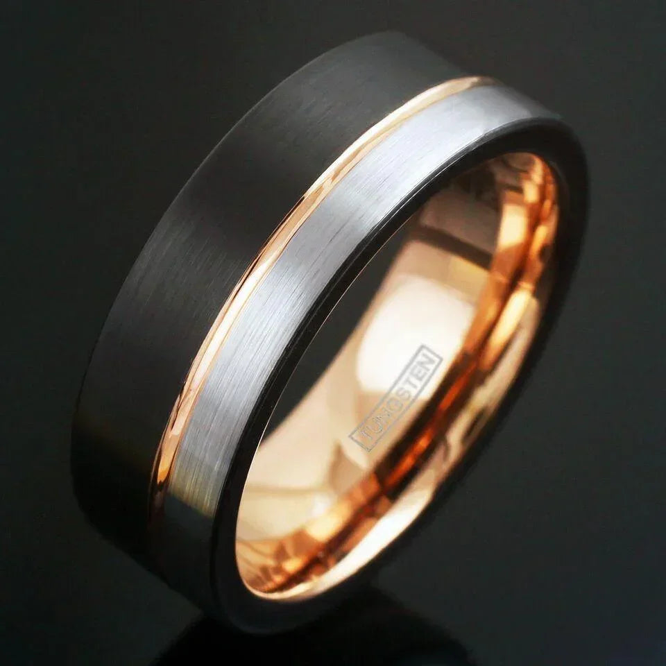 Men's Wedding Band Rings - Silver Black with Off-Center Rose Gold for Men and Women - Jewelry Store by Erik Rayo