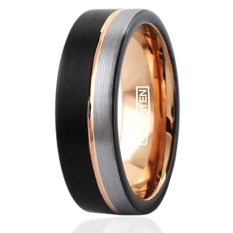 Men's Wedding Band Rings - Silver Black with Off-Center Rose Gold for Men and Women - Jewelry Store by Erik Rayo
