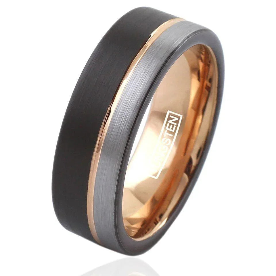 Men's Wedding Band Rings - Silver Black with Off-Center Rose Gold for Men and Women - Jewelry Store by Erik Rayo