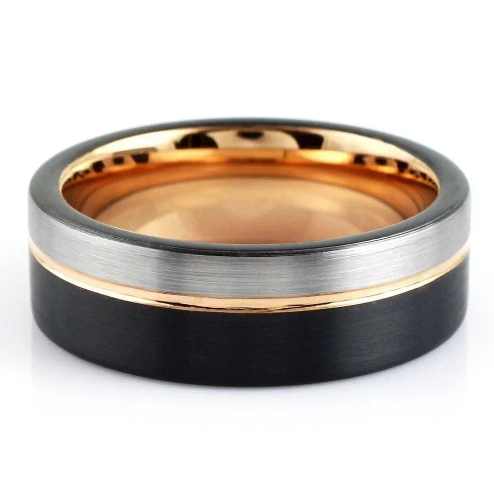 Men's Wedding Band Rings - Silver Black with Off-Center Rose Gold for Men and Women - Jewelry Store by Erik Rayo