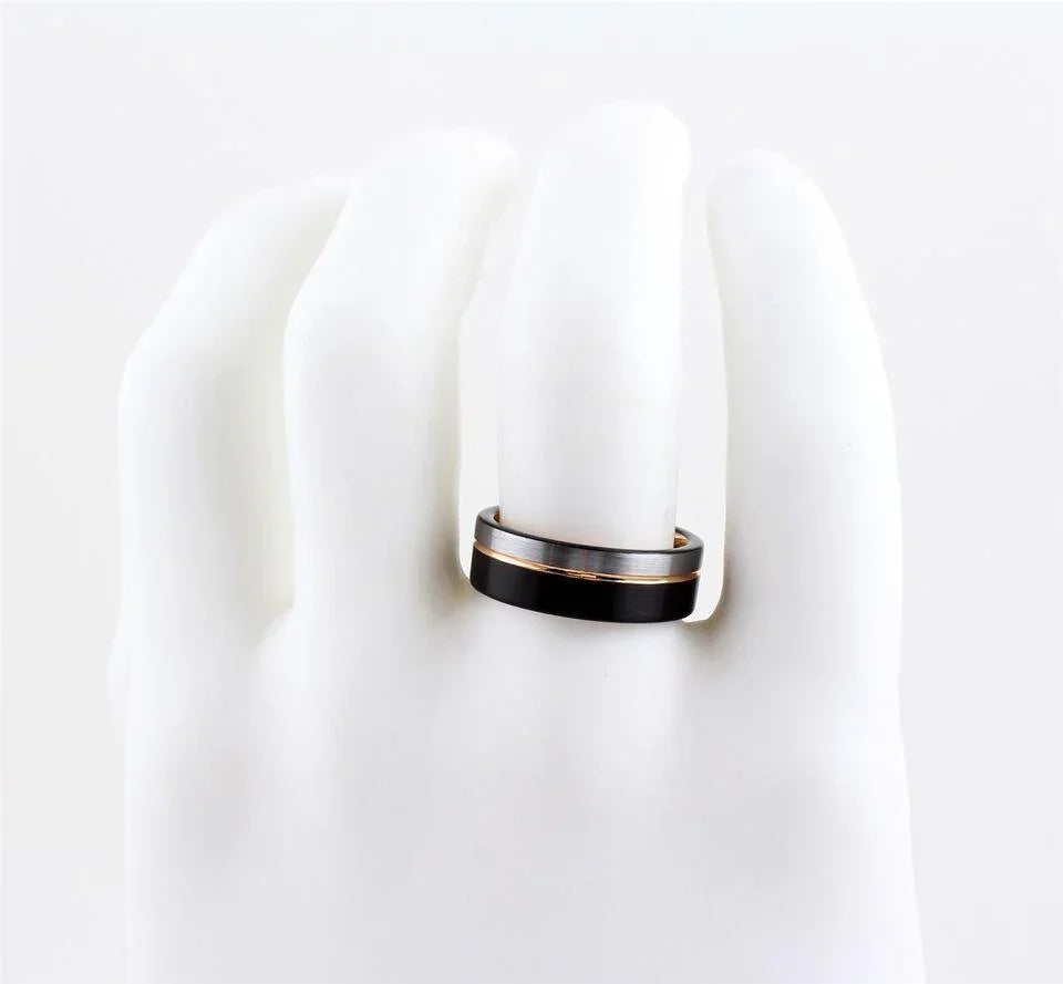 Men's Wedding Band Rings - Silver Black with Off-Center Rose Gold for Men and Women - Jewelry Store by Erik Rayo