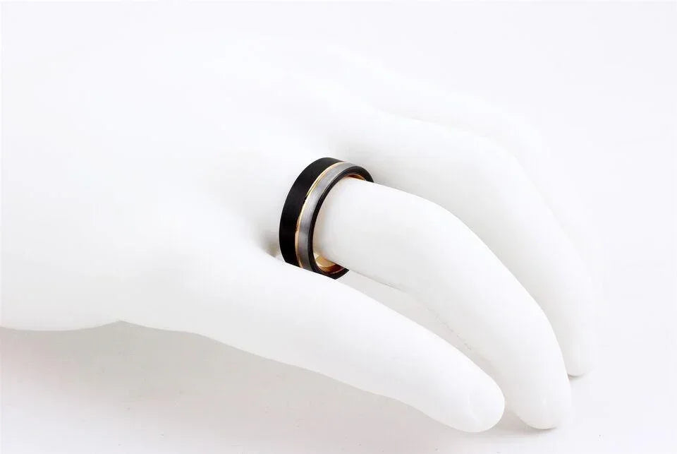 Men's Wedding Band Rings - Silver Black with Off-Center Rose Gold for Men and Women - Jewelry Store by Erik Rayo