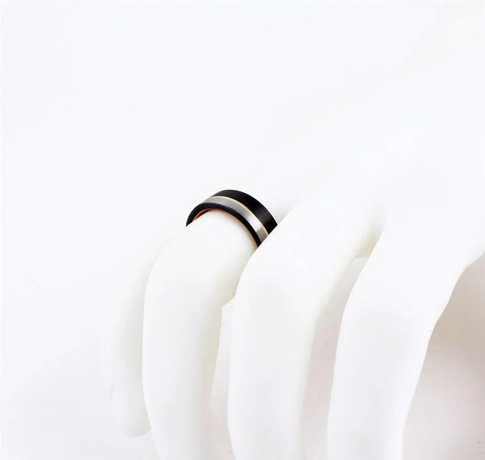 Men's Wedding Band Rings - Silver Black with Off-Center Rose Gold for Men and Women - Jewelry Store by Erik Rayo