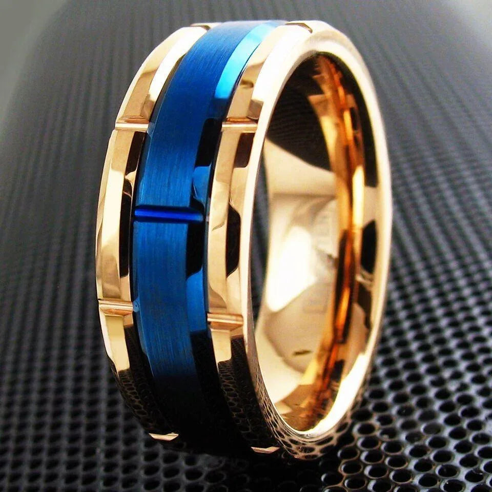 Men's Wedding Band Rings - Rose Gold Plated Brushed Blue - Wedding Rings for Men and Women - Jewelry Store by Erik Rayo