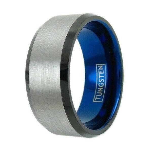 Men's Wedding Band Ring 10mm Silver Brushed Center Blue Inner - Wedding Rings for Men and Women - Jewelry Store by Erik Rayo