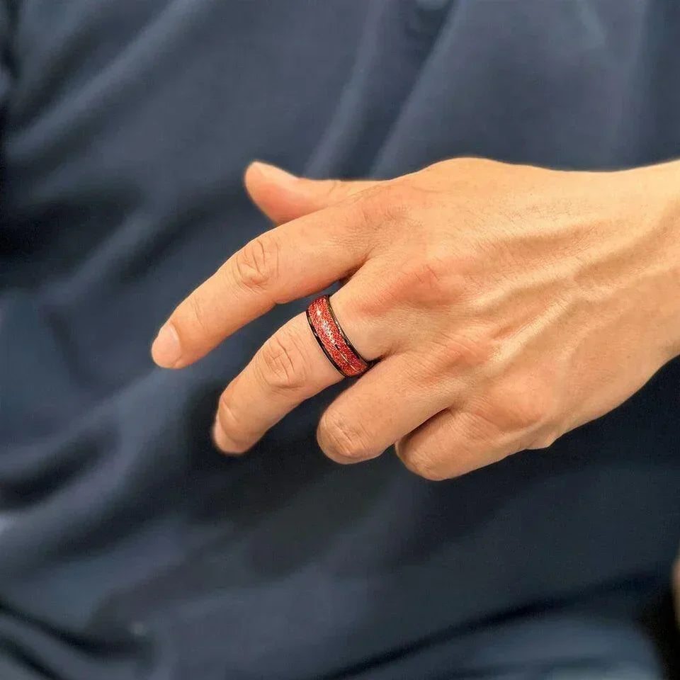 Men's Wedding Band Ring - Faux Red Meteorite Silver Arrow Design - Women's/Men's Wedding Rings - Jewelry Store by Erik Rayo