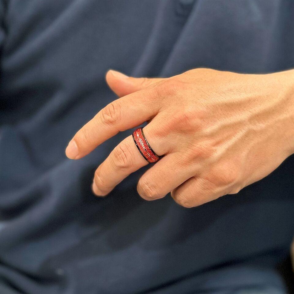 Men's Wedding Band Ring - Faux Red Meteorite Silver Arrow Design - Women's/Men's Wedding Rings