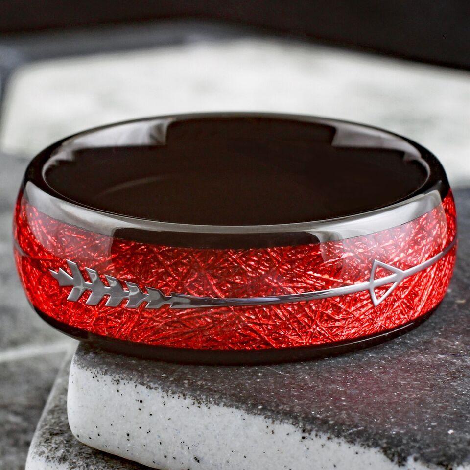 Men's Wedding Band Ring - Faux Red Meteorite Silver Arrow Design - Women's/Men's Wedding Rings