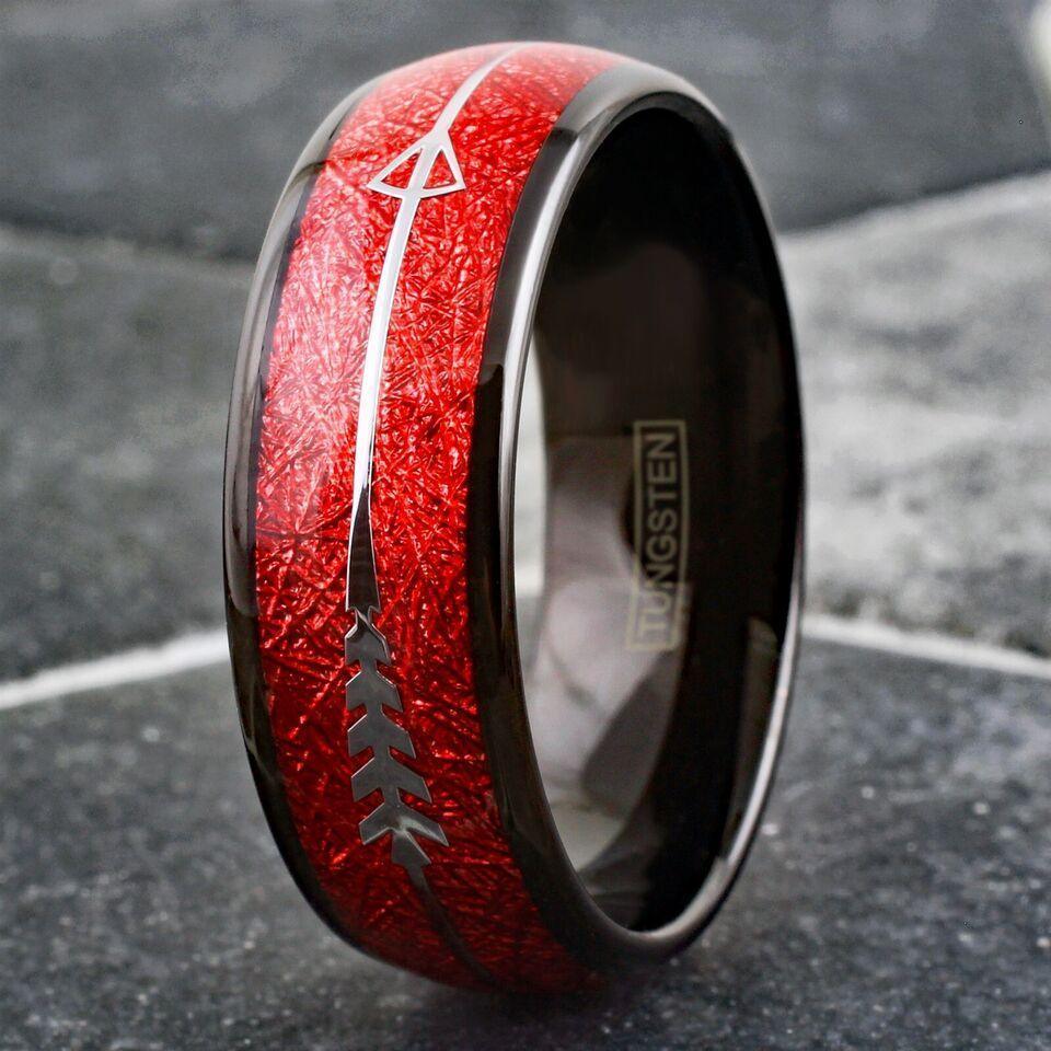 Men's Wedding Band Ring - Faux Red Meteorite Silver Arrow Design - Women's/Men's Wedding Rings - Jewelry Store by Erik Rayo