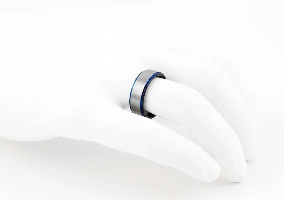 6mm Tungsten Carbide Wedding Band Ring for Men & Women – Silver Stripe with Blue Edge & Black Inside - Jewelry Store by Erik Rayo