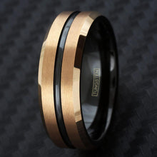 Load image into Gallery viewer, Men&#39;s Wedding Band Ring - Brushed Rose Gold Plated with Black Stripe - Wedding Rings for Men and Women
