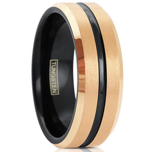 Load image into Gallery viewer, Men&#39;s Wedding Band Ring - Brushed Rose Gold Plated with Black Stripe - Wedding Rings for Men and Women
