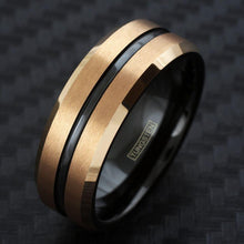 Load image into Gallery viewer, Men&#39;s Wedding Band Ring - Brushed Rose Gold Plated with Black Stripe - Wedding Rings for Men and Women
