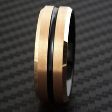 Load image into Gallery viewer, Men&#39;s Wedding Band Ring - Brushed Rose Gold Plated with Black Stripe - Wedding Rings for Men and Women
