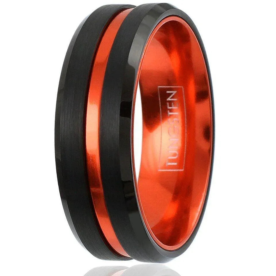 6mm Black Tungsten Carbide Wedding Band Ring for Men & Women – Thin Orange Line Design - Jewelry Store by Erik Rayo
