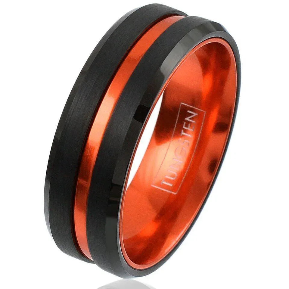 6mm Black Tungsten Carbide Wedding Band Ring for Men & Women – Thin Orange Line Design - Jewelry Store by Erik Rayo