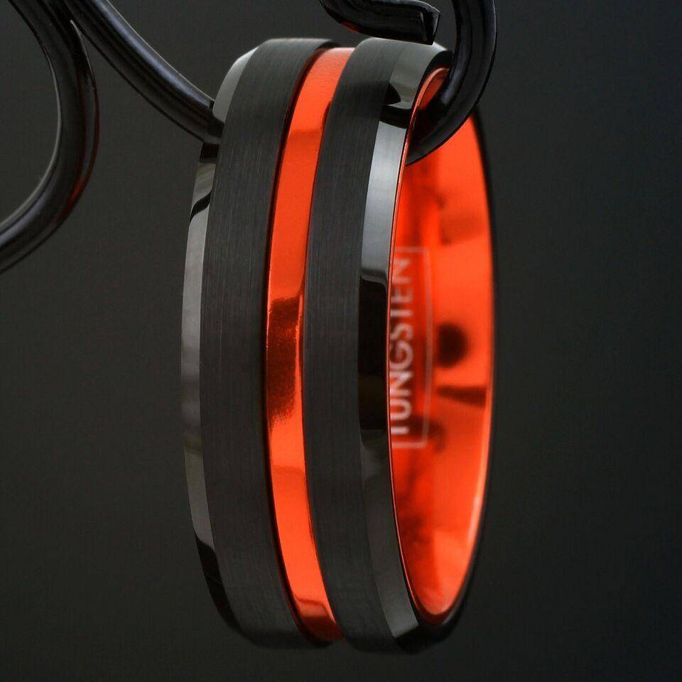 Mens Wedding Band Rings for Men | Wedding Rings for Women | Mens Black Thin Orange Line Rings