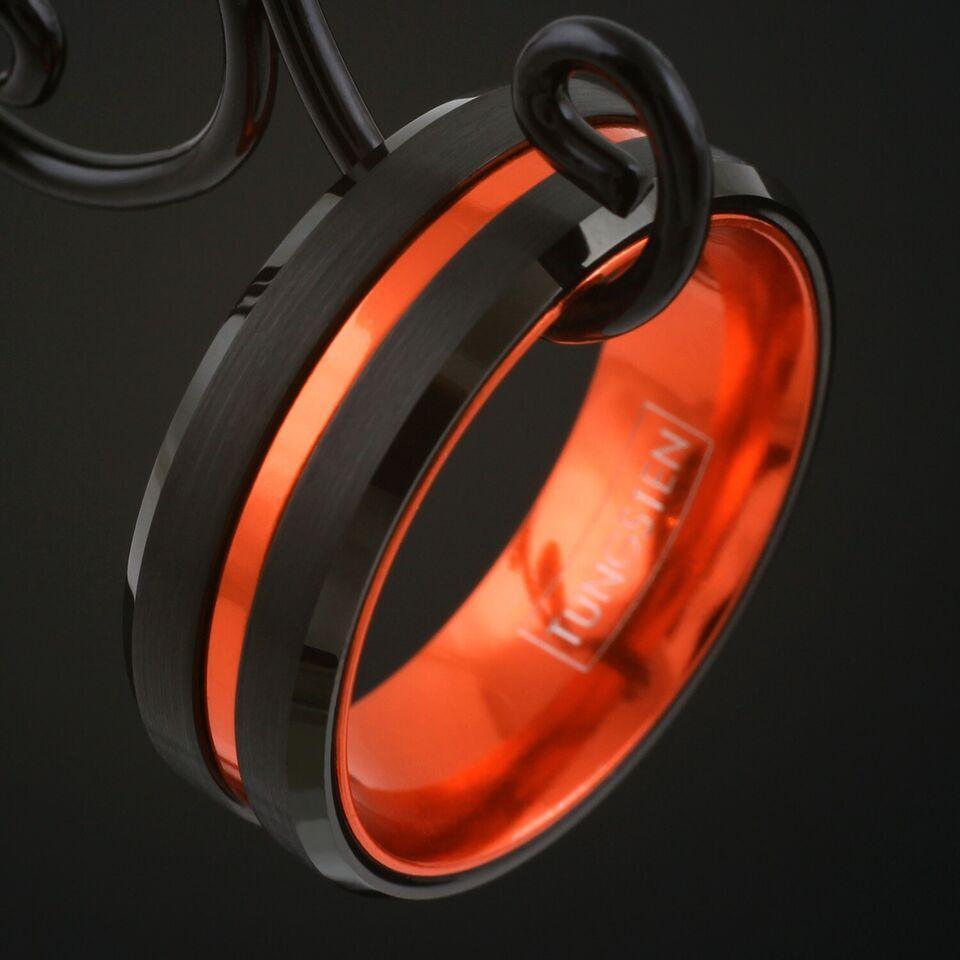 Mens Wedding Band Rings for Men | Wedding Rings for Women | Mens Black Thin Orange Line Rings