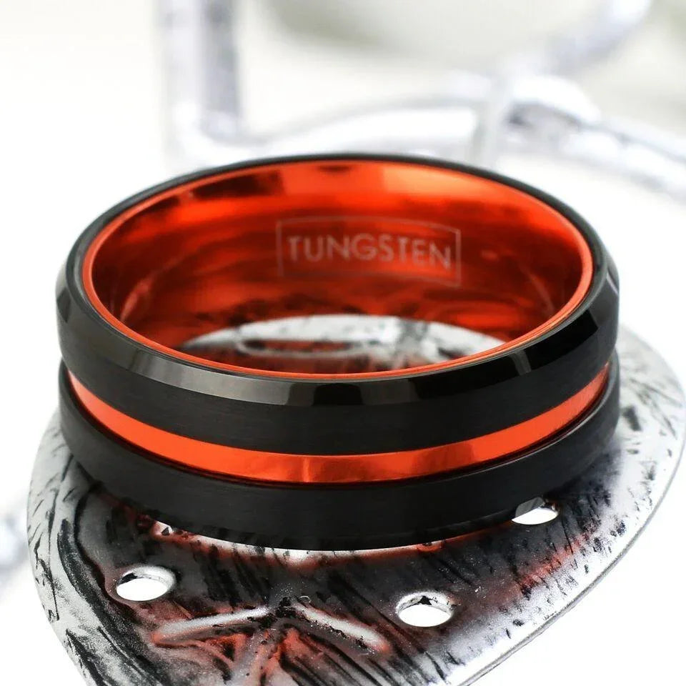 6mm Black Tungsten Carbide Wedding Band Ring for Men & Women – Thin Orange Line Design - Jewelry Store by Erik Rayo